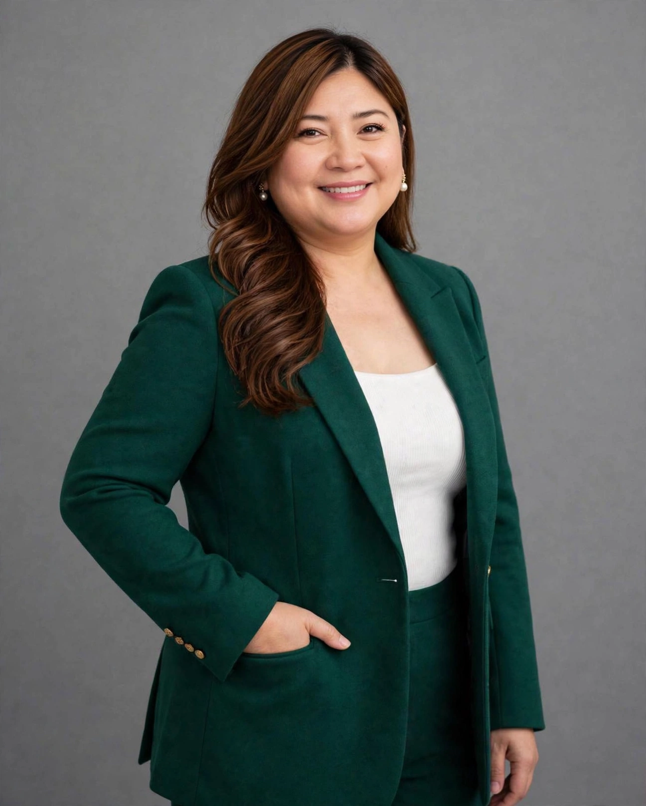 Rowena Austria standing in a green blazer