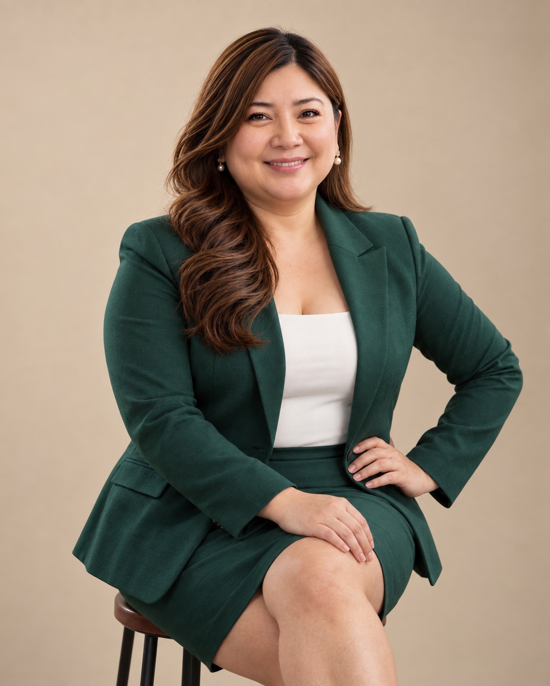 Rowena Austria seated in a green blazer